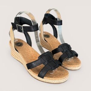 UGG Black Leather Espadrille Wedge Sandals